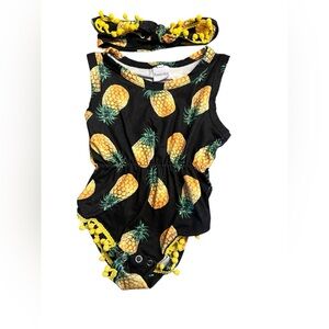 💥3/$20 Pineapple Print Baby Girl Romper Outfit Matching Headband, Sz 80 (6-12M)